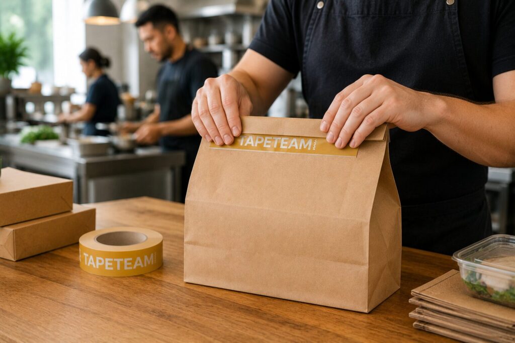 TapeTeam Tape til levering af madpose Madulevering Madudbringning Resturant Logotape til resturanter og levering