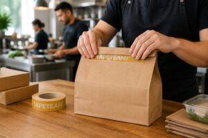 TapeTeam Tape til levering af madpose Madulevering Madudbringning Resturant Logotape til resturanter og levering