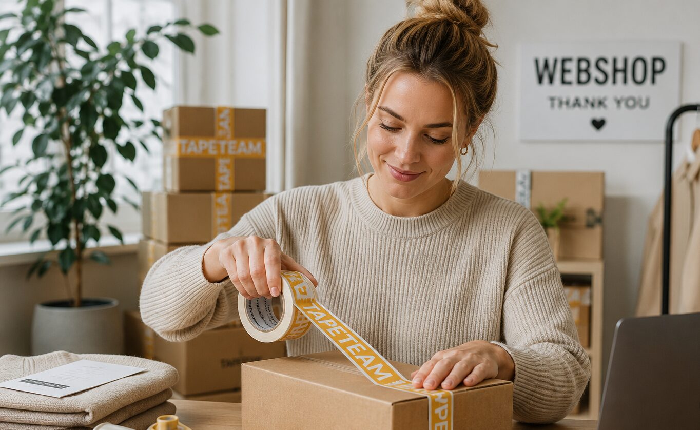 TapeTeam en kvinde pakker pakketape med tryk på en ækse til hendes webshop TapeTeam en kvinde pakker pakketape med tryk på en ækse til hendes webshop