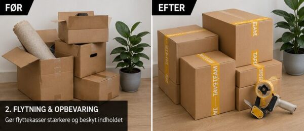 TapeTeam før og efter pakketape brugsmuligheder 2 flytning og opbevaring TapeTeam før og efter pakketape brugsmuligheder 2 flytning og opbevaring